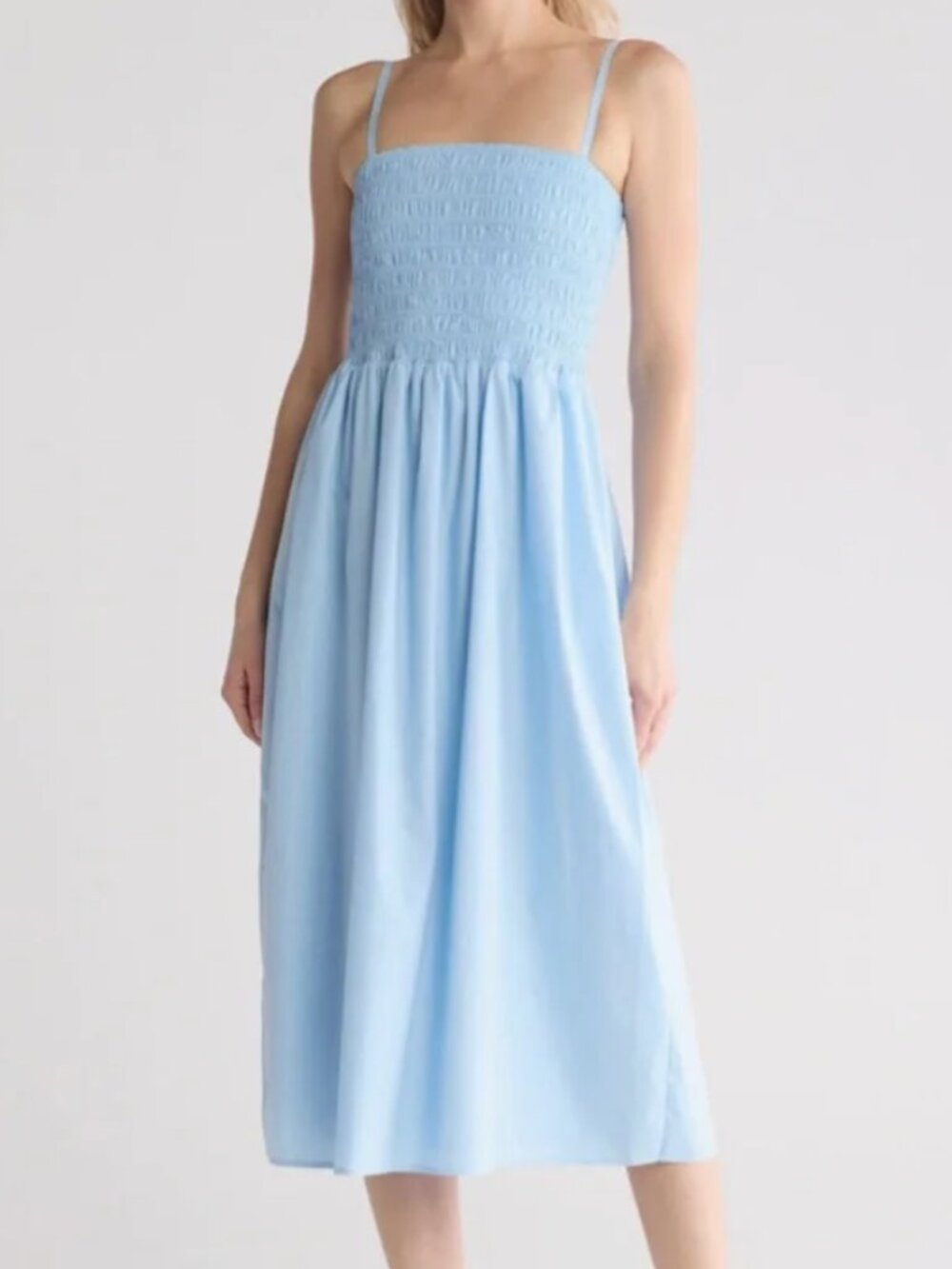 Smocked Poplin Midi Dress in Light Blue | Theory | Sz L